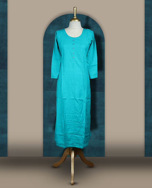 Sky blue colour cotton kurthi with front buttons and 3/4th sleeves & Features a round neck and minimalist design for a classy everyday look, Ideal for work or casual wear with maximum comfort.