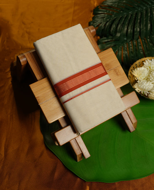 Cream Colour Pure Cotton double Dhoti with brick and gold Colour Border for Men