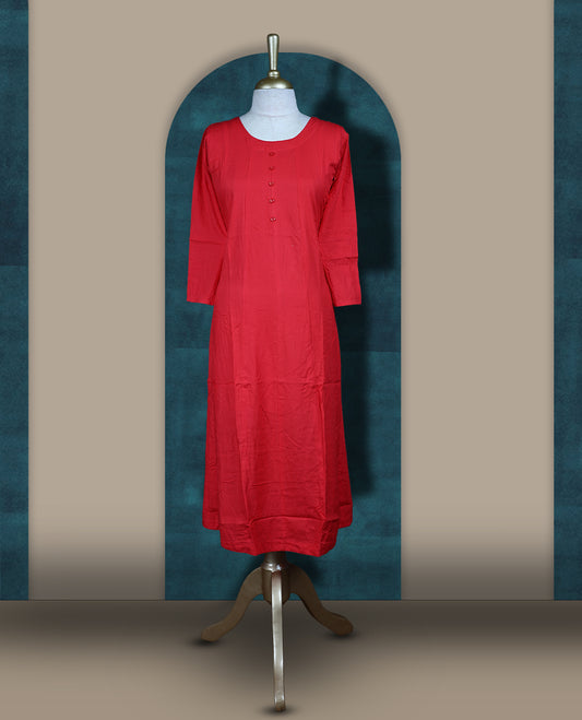 Brick red colour cotton kurthi with front buttons, 3/4th sleeves, and a round neckline & Perfect for daily wear, office, or layering, Soft, breathable fabric ensures all day comfort and ease.