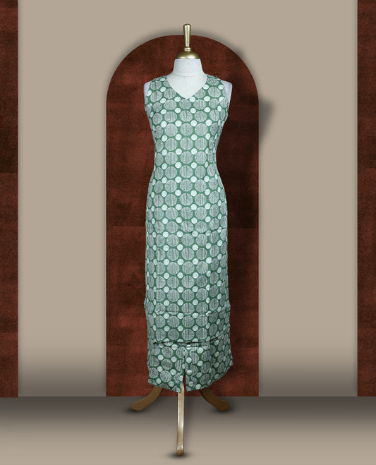 Pista green colour coord set crafted in soft fabric, featuring a sleeveless V neck top with geometric circular prints, paired with a matching straight fit bottom.