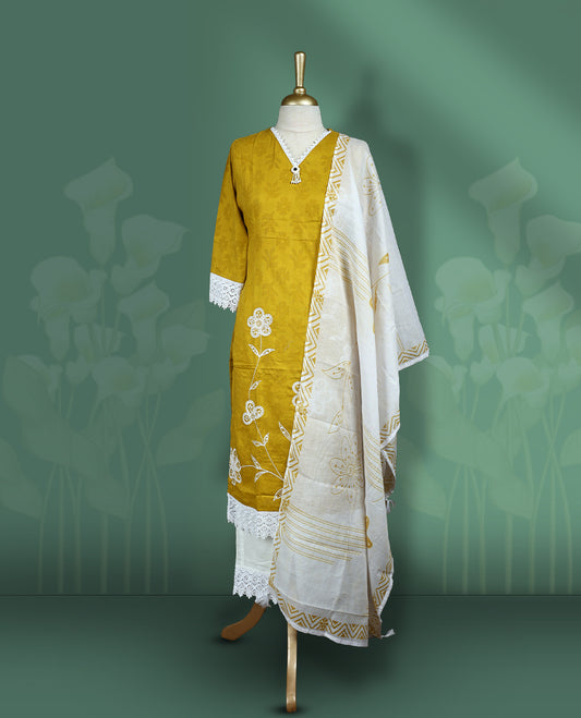 Yellow and white colour churidar set featuring elegant white thread embroidery on the neckline, sleeves with white lace border, and white floral motifs across the body, Paired with a contrast white colour dupatta
