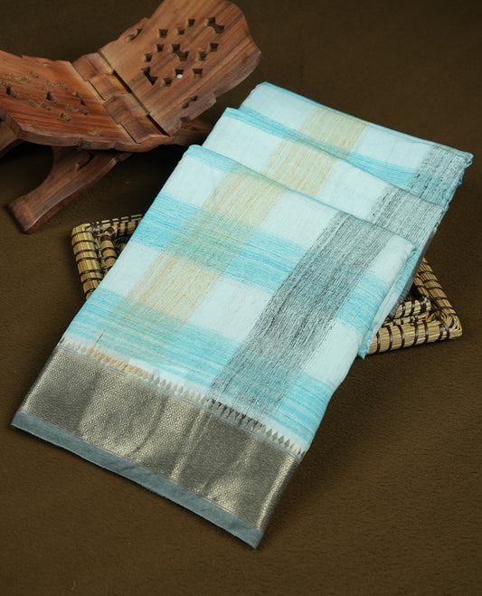 Sky blue and teal colour mixed chanderi cotton saree featuring multicoloured checkered body with vertical and horizontal stripes, silver zari border, and matching blouse