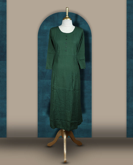 Deep green colour cotton kurthi with front buttons and 3/4th sleeves & Features a round neck and minimalist design for a classy everyday look, Ideal for work or casual wear with maximum comfort.