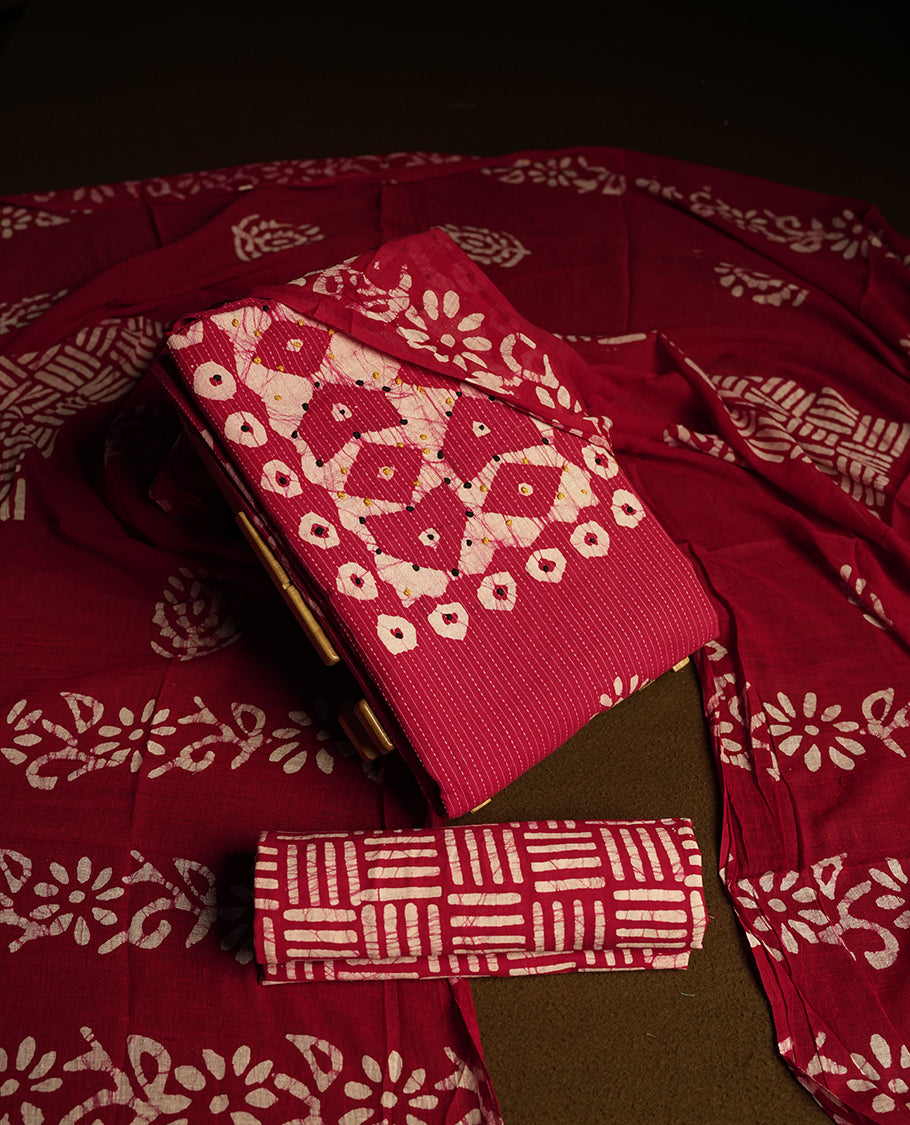 Dark Magenta & Off white cotton churidar material adorned with black & yellow colour thread work on the neckline, featuring tie dye patterns and a stripped body & Comes with a matching printed dupatta and coordinated printed bottom.