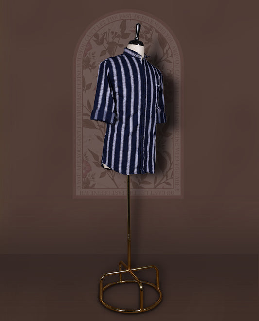 Navy blue colour katrai shirt with self stripes, crafted in breathable cotton, Features a mandarin collar and full sleeves, Smart, textured design perfect for casual or semi formal occasions.