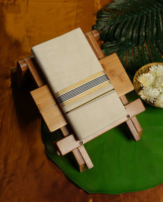 Cream Colour Pure Cotton double Dhoti with gold, black,silver Colour Border for Men