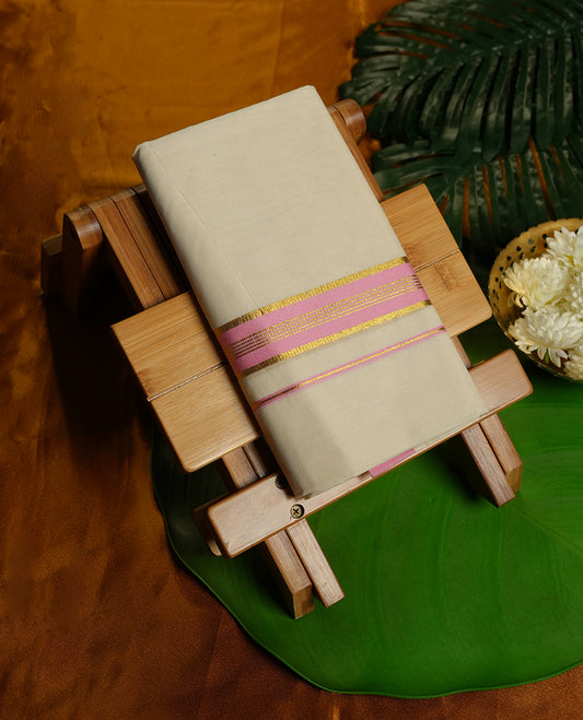 Cream Colour Pure Cotton double Dhoti with Pink and Gold Colour Border for Men