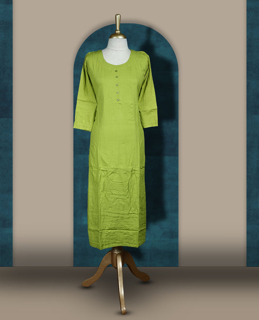 Parrot green colour cotton kurthi with front buttons, 3/4th sleeves, and a round neckline & Perfect for daily wear, office, or layering, Soft, breathable fabric ensures all-day comfort and ease.