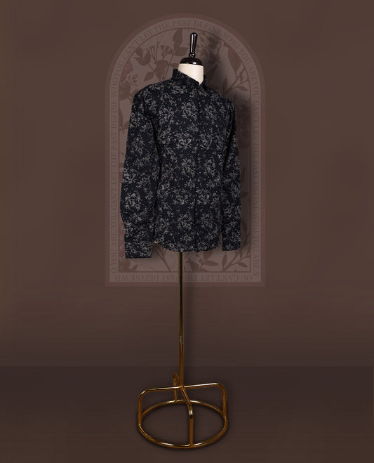 Black colour cotton long sleeve shirt featuring an all over delicate beige cotton print, Designed with a classic collar and button down front, it blends timeless elegance with everyday comfort.