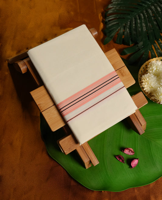 Cream colour cotton dhoti featuring a soft texture with a subtle peach border highlighted by fine black stripes, offering a classic yet stylish traditional look perfect for rituals, festive wear, and special occasions.