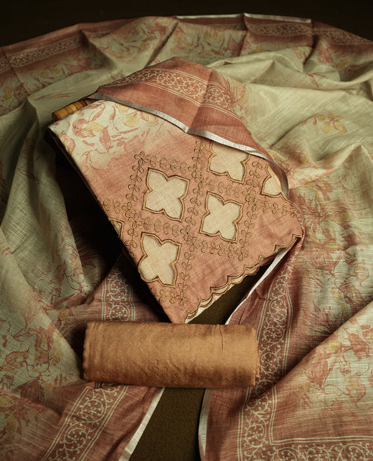 Soft Brown colour churidhar material featuring floral and cutwork embroidery on the front panel, digital floral printed dupatta with elegant border, and matching plain bottom.