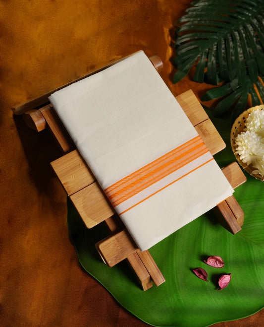 Off white colour dhoti featuring a refined orange border, crafted from soft cotton for comfort and tradition & Perfect for festive occasions, temple visits, and cultural celebrations, blending grace with simplicity.