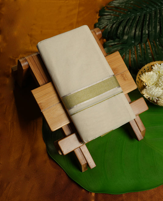 Cream Colour Pure Cotton double Dhoti with Lemon green and Rose gold Colour Border for Men