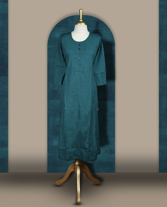 Dark teal blue colour cotton kurthi with front buttons and 3/4th sleeves & Features a round neck and minimalist design for a classy everyday look, Ideal for work or casual wear with maximum comfort.
