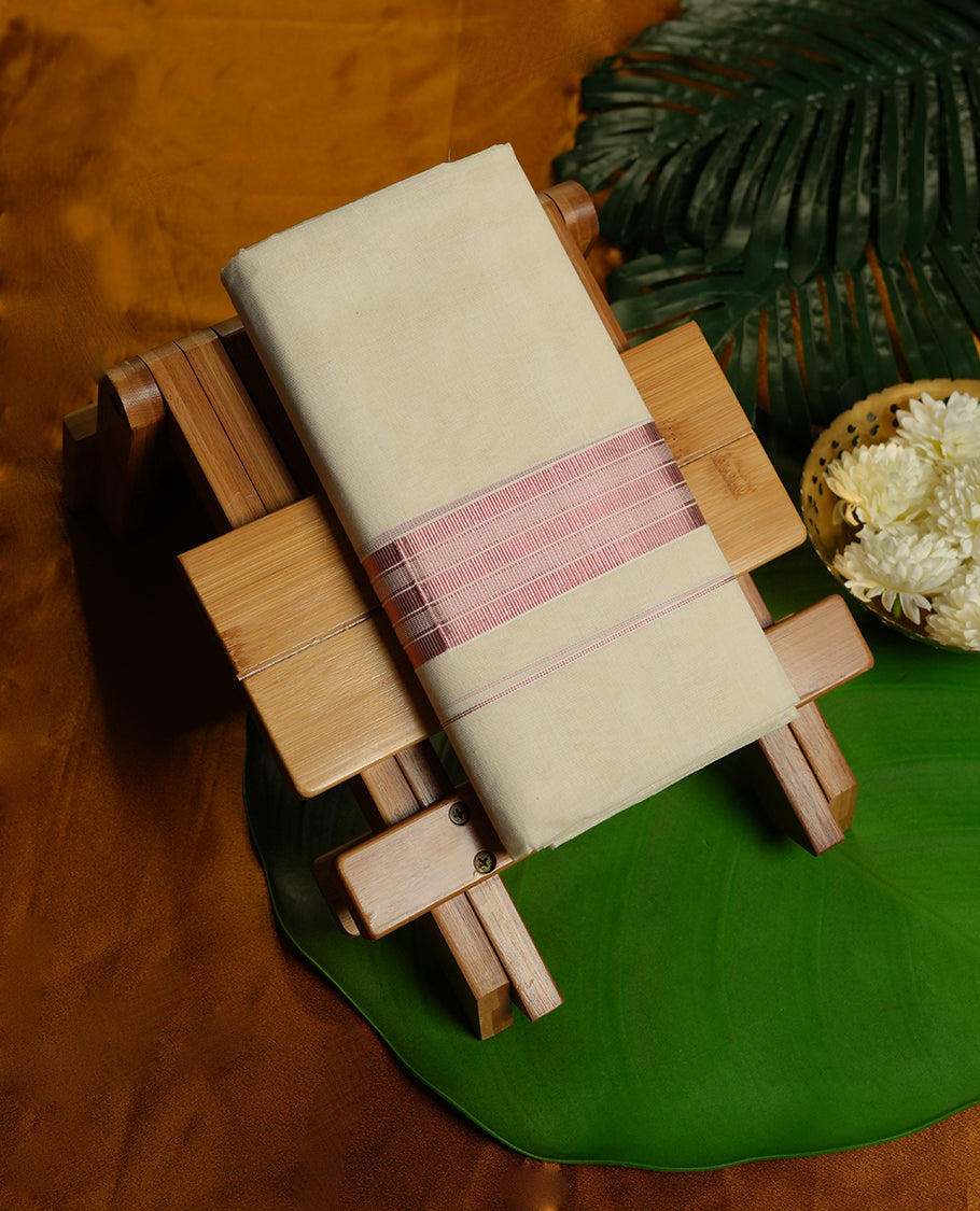 Cream Colour Pure Cotton double Dhoti with rose gold and white Colour Border for Men