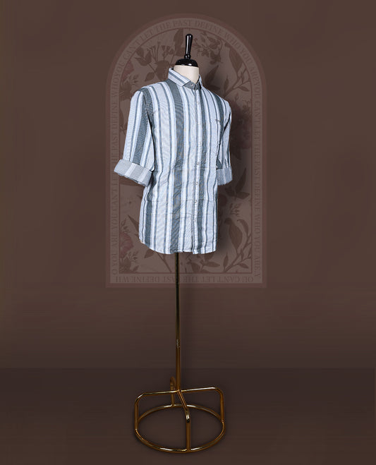 Pastel green and off white self striped shirt crafted from soft Katrai cotton , Designed with roll up sleeves and a classic collar, this breathable piece blends traditional texture with a relaxed, modern silhouette.