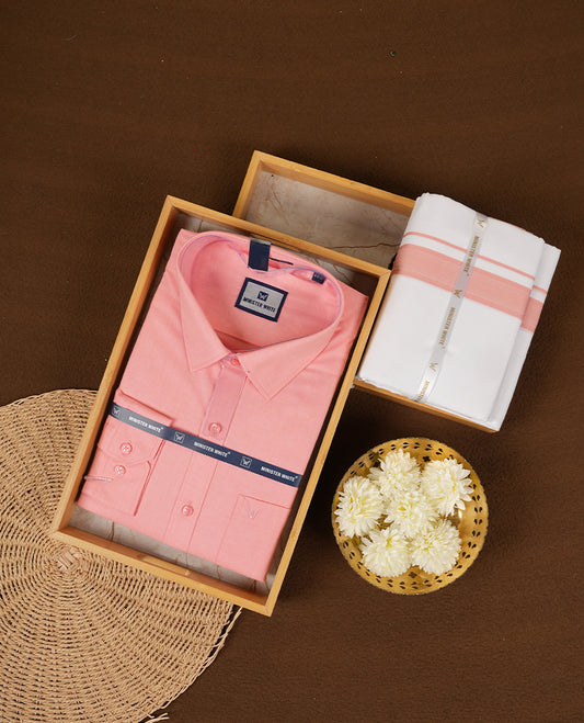 Pink Colour traditional men's shirt and dhoti set from Minister White with Liberty Cut collar.