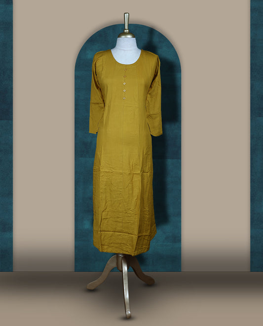 Mustard yellow colour cotton kurthi with front buttons and 3/4th sleeves & Features a round neck and minimalist design for a classy everyday look, Ideal for work or casual wear with maximum comfort.