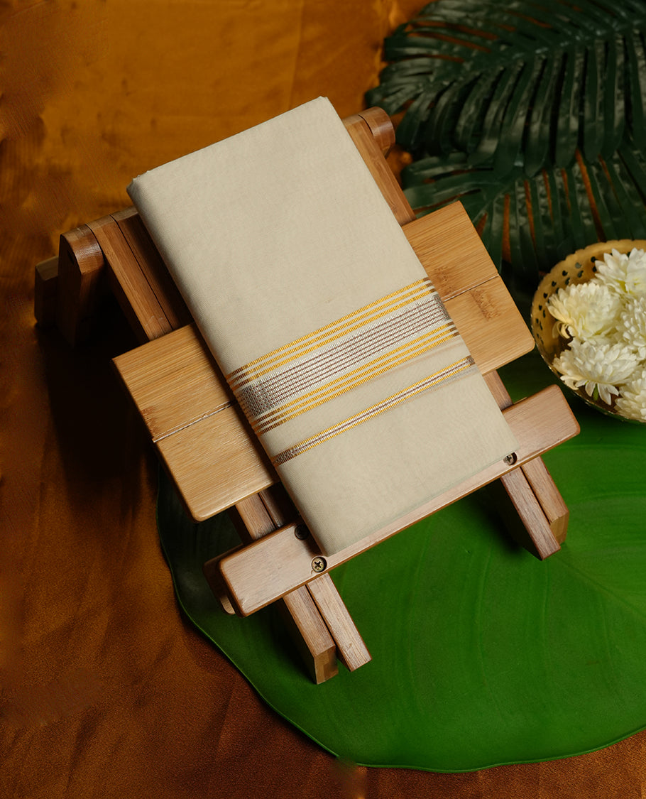 Cream Colour Pure Cotton double Dhoti with gold and silver with brown Colour Border for Men