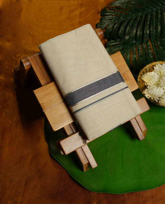 Cream Colour Pure Cotton double Dhoti with Black and silver Colour Border for Men