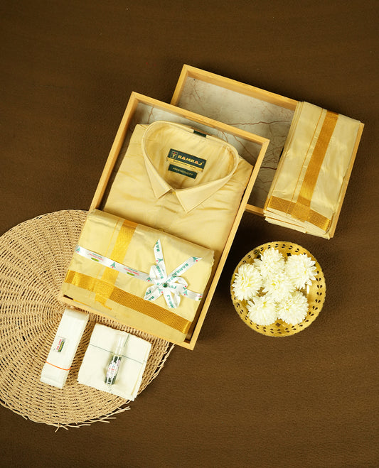 Dark Gold Colour shirt by RAMRAJ paired with a matching dhoti, all elegantly finished with a gold border.