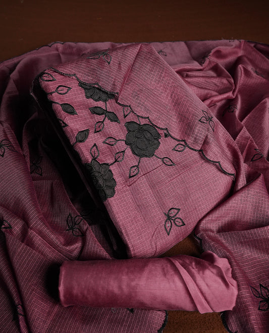 Dark Rouge colour churidhar material featuring Black colour thread embroidery on the front panel, self colour dupatta with elegant border, and matching plain bottom