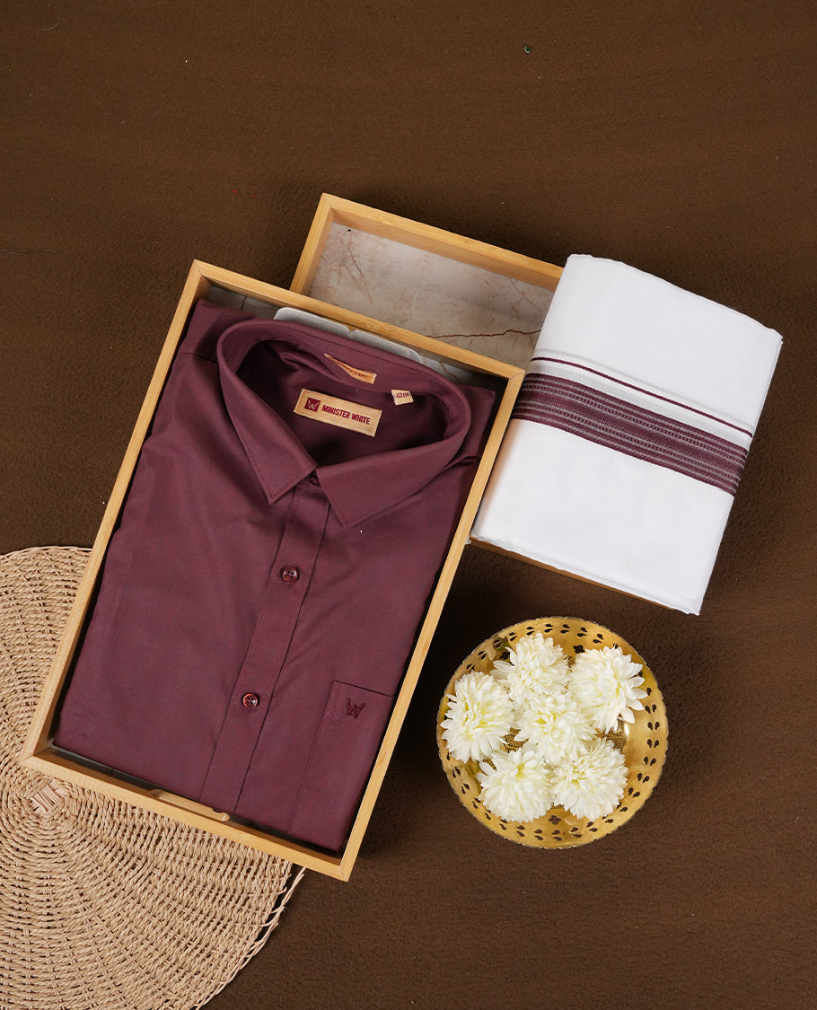 Dark Brown colour traditional men's shirt and dhoti set from Minister White with Liberty Cut collar.