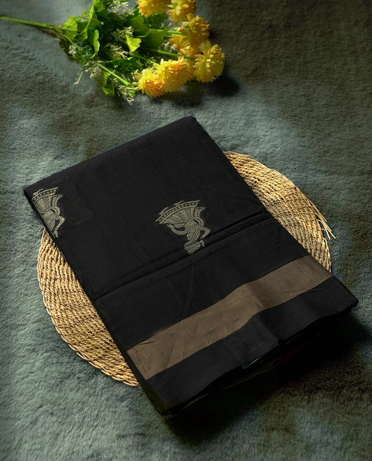 Black colour Narayanapattu cotton saree with a traditional dancer motifs in thread work in the  body and pallu , and a subtle beige zari border & A cultural classic, this saree comes without a blouse piece.