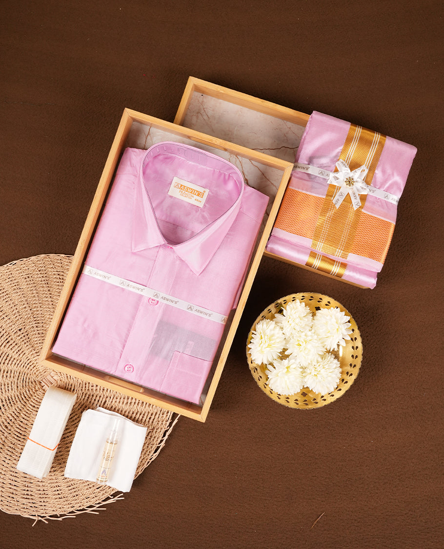 Gazel colour Aswin’s wedding set featuring a refined silk shirt and matching dhoti with gold  zari detailing, crafted for timeless elegance and perfect for traditional weddings and festive occasions.