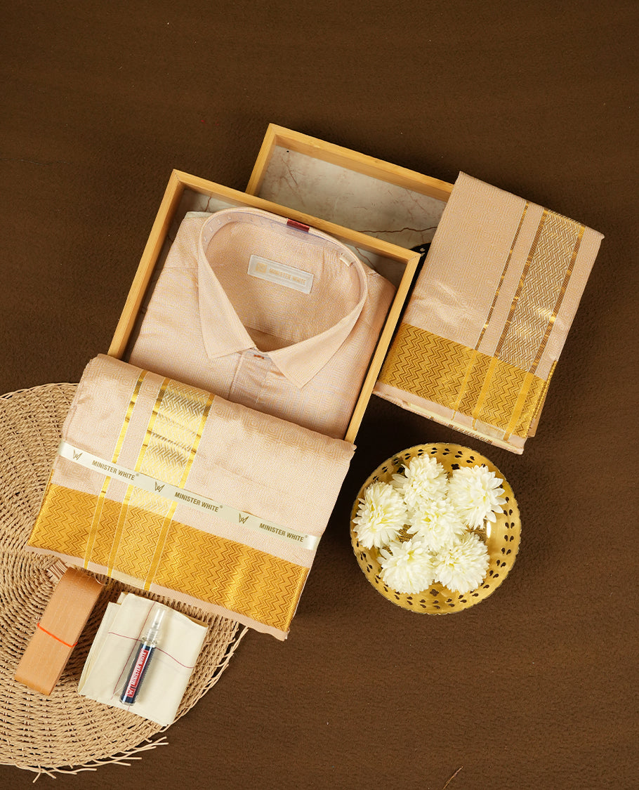 Biscuit Gold coloured silk wedding shirt, dhoti, and towel set from MINISTER WHITE, featuring a gold zari border.