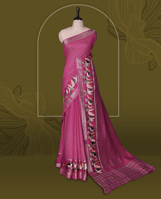 Dark Pink viscose saree featuring subtle checkered patterns and a beautifully embroidered bird motif border, paired with a rich pallu & perfect for festive occasions, celebrations, and elegant gatherings.