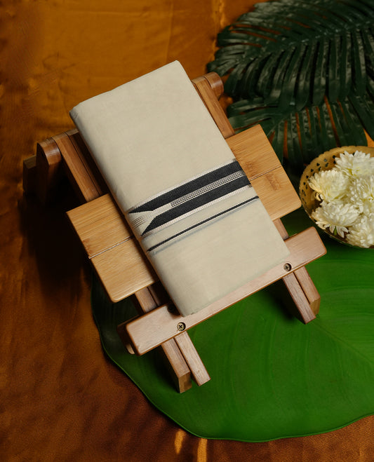 Cream Colour Pure Cotton double Dhoti with Black and silver Colour designer Border for Men