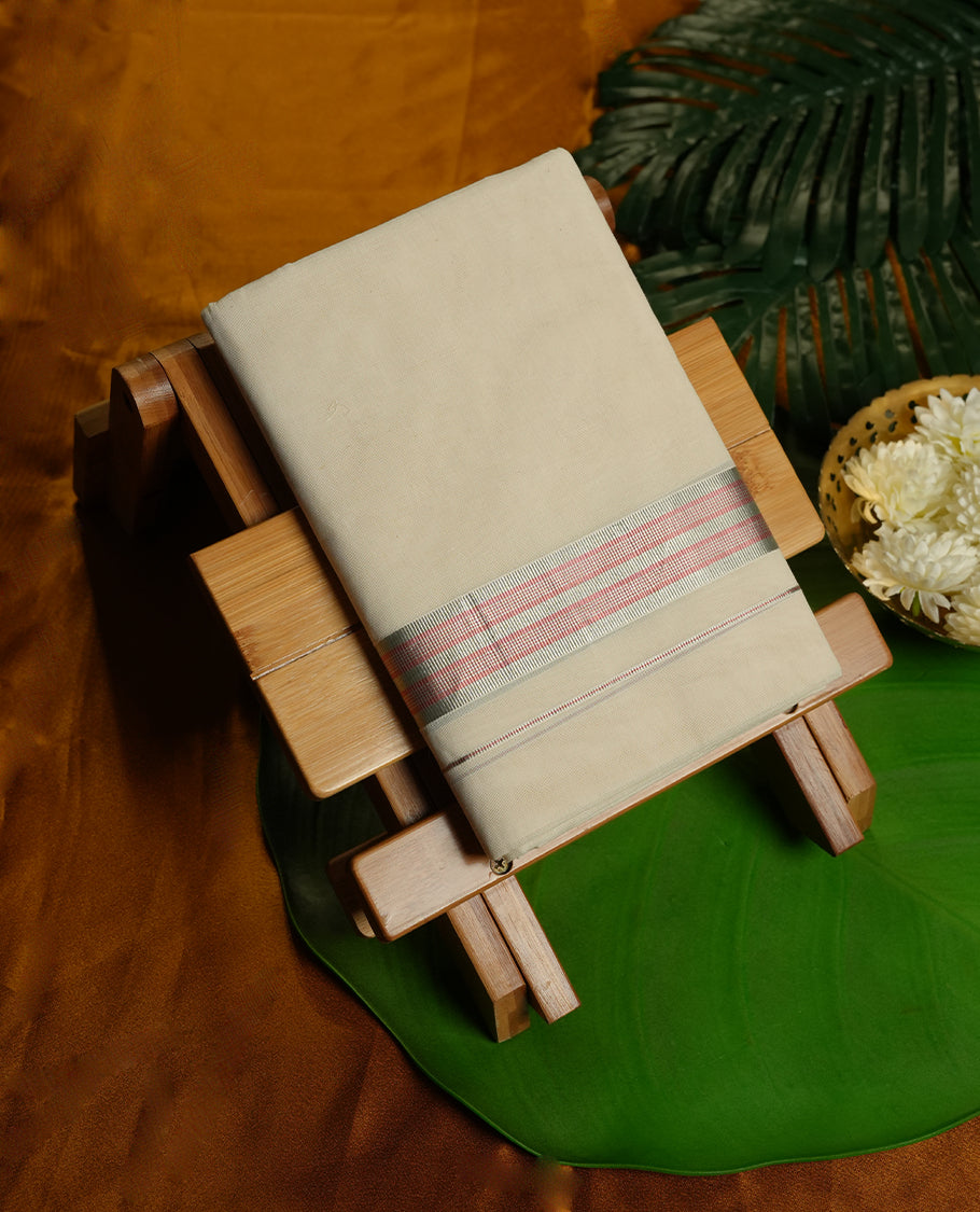 Cream Colour Pure Cotton double Dhoti with Rose gold and silver Colour Border for Men