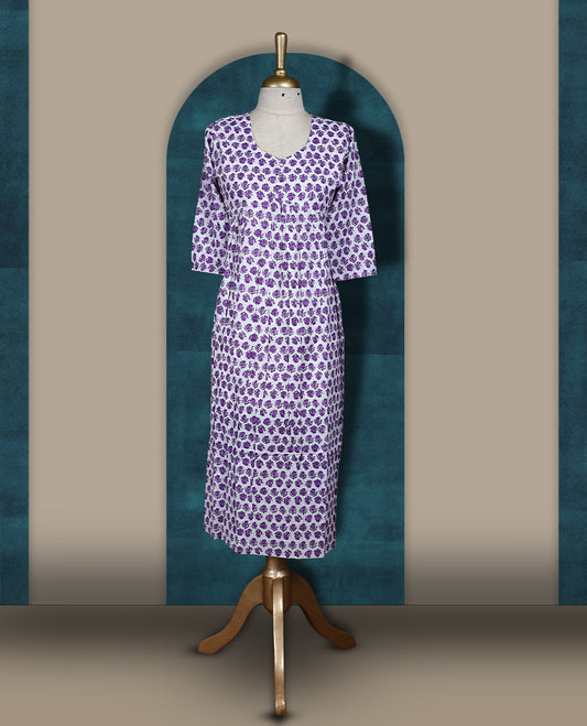 Off white colour kurthi with purple floral block print, round neckline, and 3/4th sleeves & Perfect for casual wear or work from home comfort, Style with leggings or wear solo for a chic look.