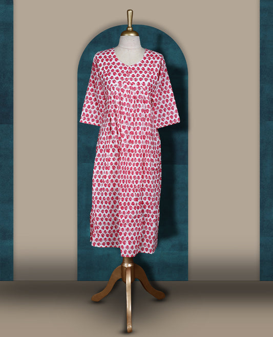 Off white colour kurthi with pink floral block print, round neckline, and 3/4th sleeves & Perfect for casual wear or work from home comfort, Style with leggings or wear solo for a chic look.