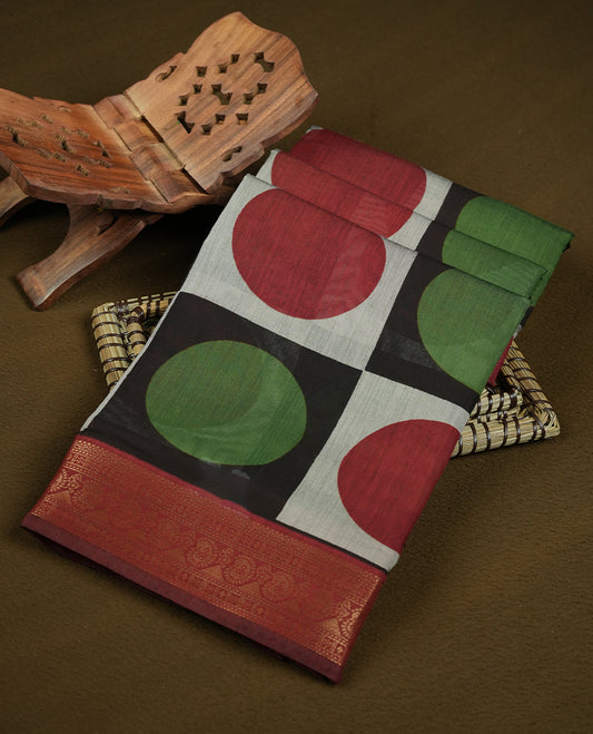 Multicolor mixed chanderi cotton saree with maroon red and olive green circles on checkerboard squares, geometric pallu with diamond motifs, and coordinating maroon blouse.