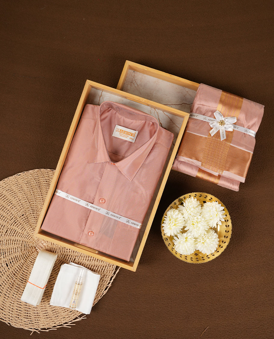 Champ colour Aswin’s wedding set featuring a refined silk shirt and matching dhoti with gold  zari detailing, crafted for timeless elegance and perfect for traditional weddings and festive occasions.