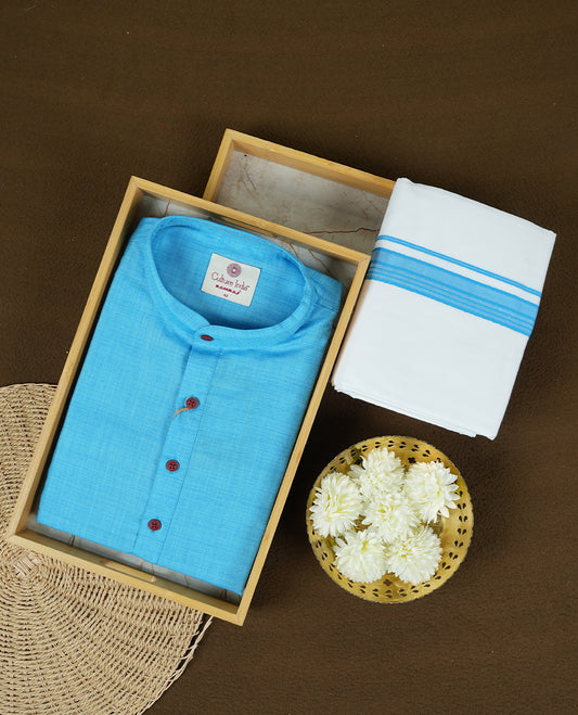 RAMRAJ Sky Blue Colour shirt paired with a matching dhoti, elegantly finished with a Sky Blue zari border.