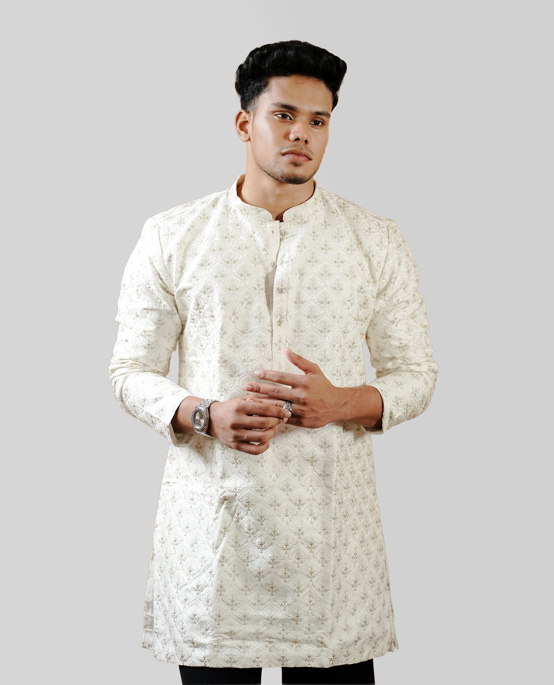 Off white colour men's kurta featuring elegant thread gold zari embroidery work on the body, complemented by full sleeves for a refined and festive look.