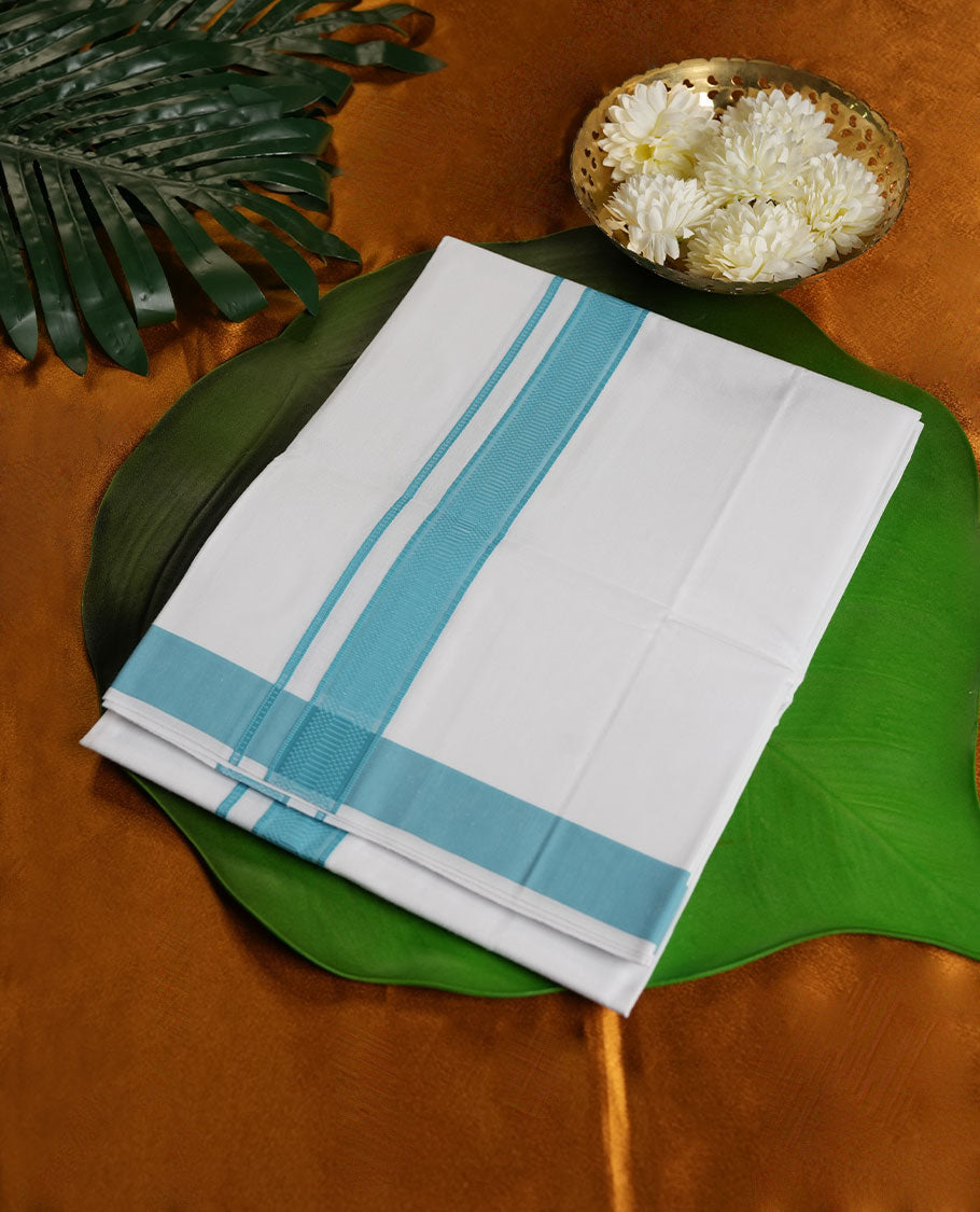 White Colour Pure Cotton single Dhoti with Cyan Colour Border for Men