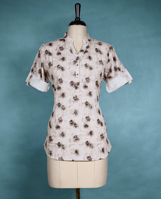 Cream Pink Colour Floral Printed Mandarin Collar Short Sleeve Top for Women.