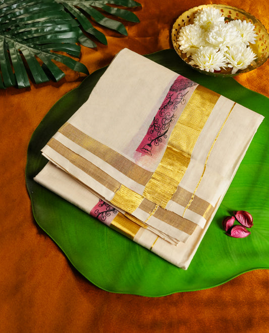 Off white colour dhoti in beige with vibrant golden zari and maroon mythological print border & Perfect for special rituals, temple visits, and festive wear & A regal blend of heritage and style.