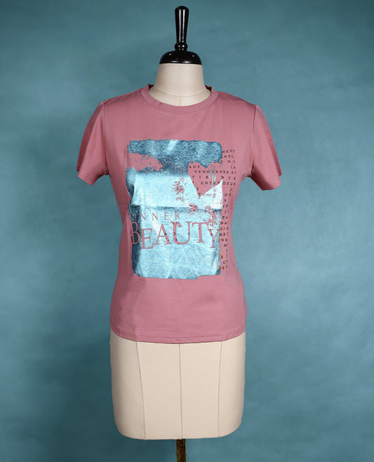 Dusty pink colour T shirt featuring short sleeves, a round neck, and a metallic blue graphic print for a stylish casual look.