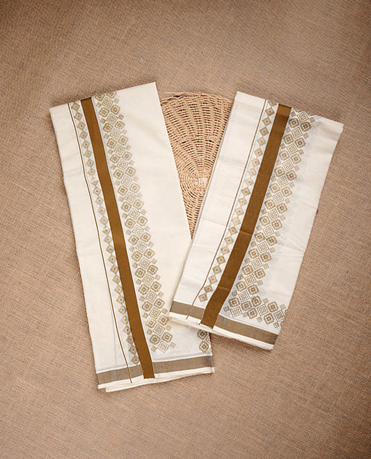 Cream colour set mundu highlighting Olive colour geometric pattern & olive colour  border.
