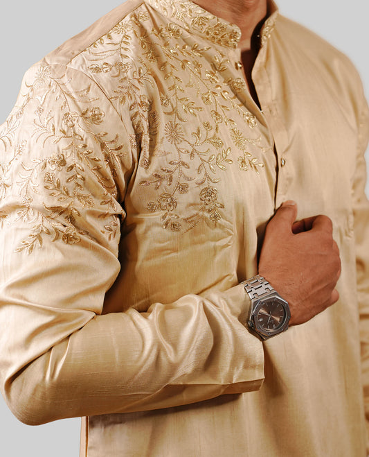 Golden cream colour men's kurta featuring elegant Gold thread work on the body, complemented by full sleeves for a refined and festive look.