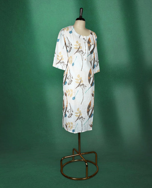 Off white cotton kurti with earthy toned abstract floral prints, round neckline, front buttons, and elbow-length sleeves, breezy and artistic choice for casual outings.