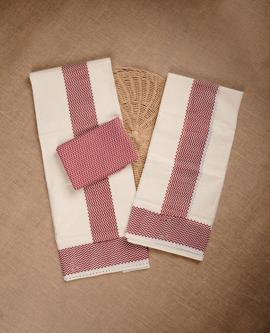 Cream colour cotton  set mundu highlighting Maroon colour zig zag patterned border.