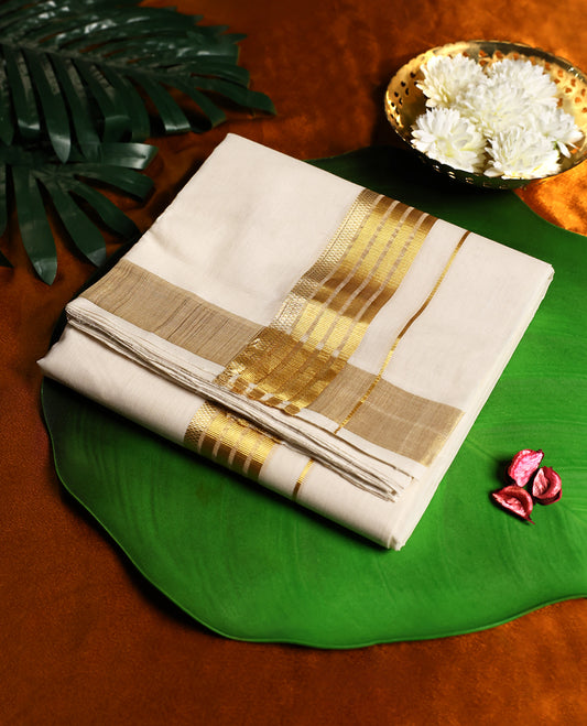 Traditional off white colour pure handloom cotton double dhoti featuring a rich golden zari border, elegantly woven for festive grace and timeless comfort, perfect for weddings and cultural celebrations.