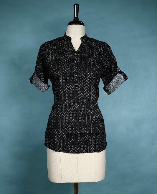 Black Colour Printed Mandarin Collar Short Sleeve Top for Women.