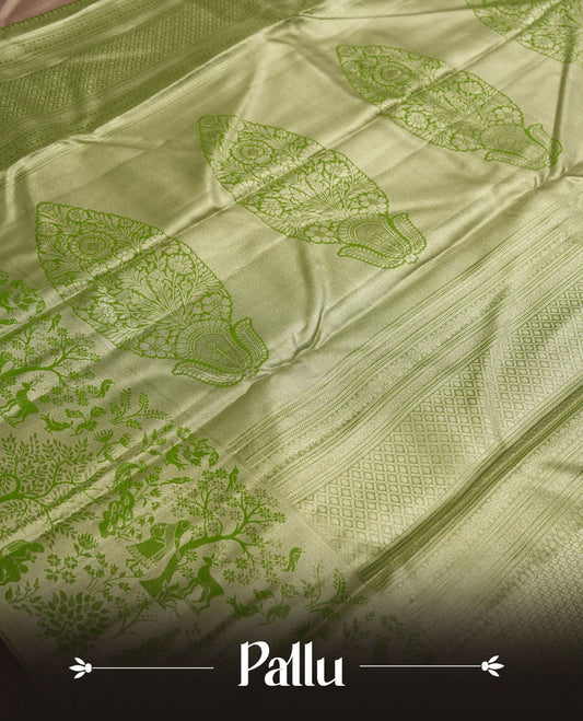 Light Pink Tissue Saree, Green and Magenta Forest Animal Print with Birds and Deer, Decorative Zari Border, Scalloped Pallu Design, with Matching Blouse